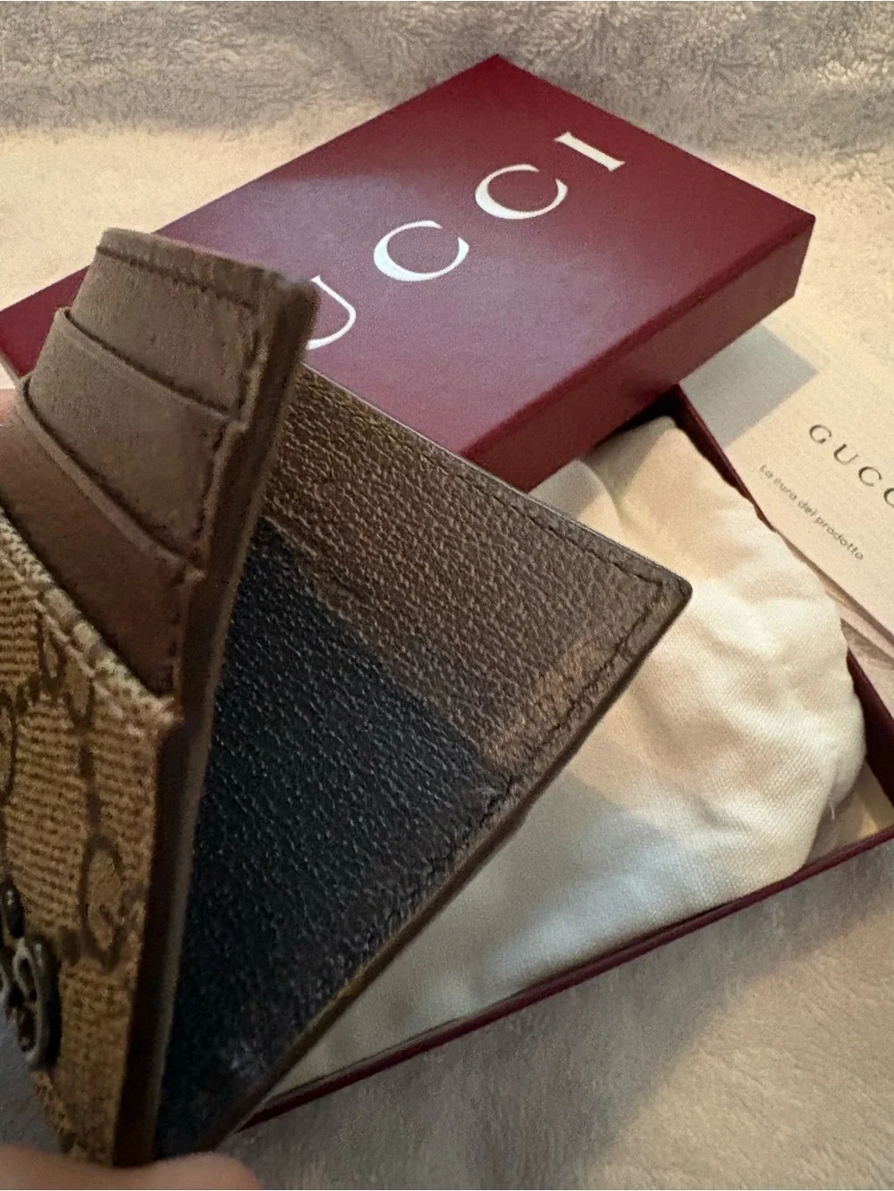 Gucci Brown GG Supreme Card Holder with Leather Trim